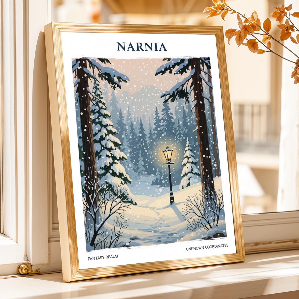 Narnia Winter Forest Poster - Snowy Lamppost Fantasy Art